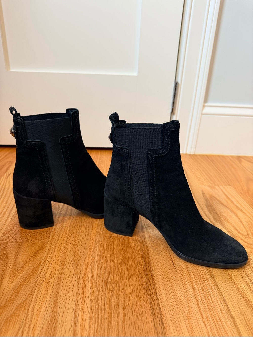 Tod's Black Suede “T” Chelsea Block-Heel Ankle Boots